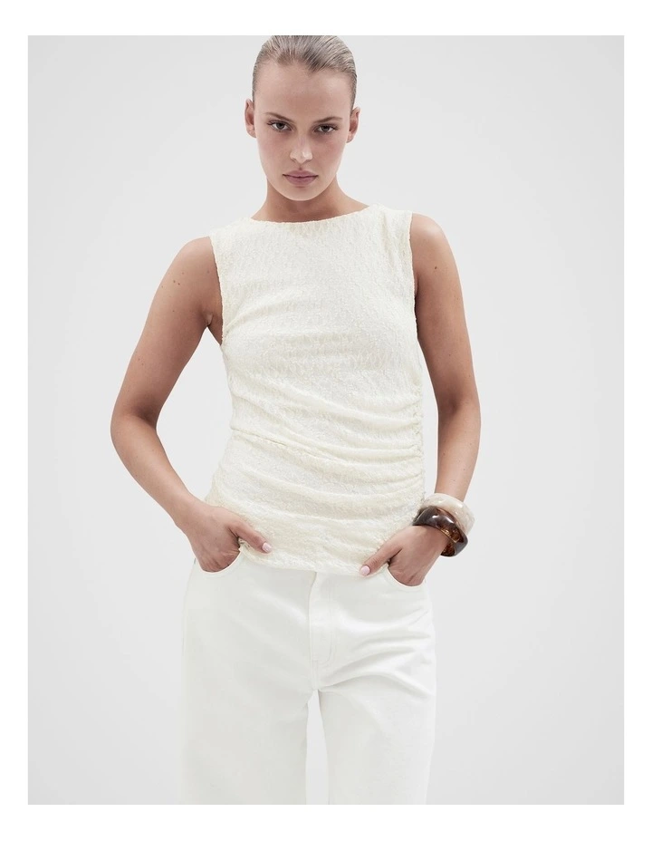 Sleeveless Lace Ruched Top in White image 1