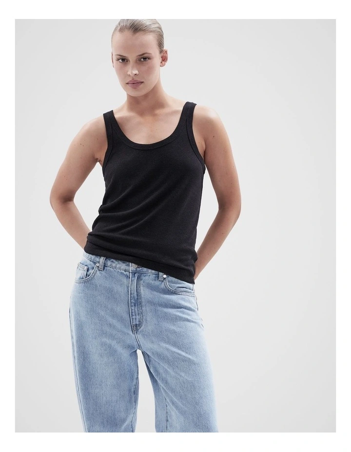 Linen Blend Scoop Neck Tank in Black image 1