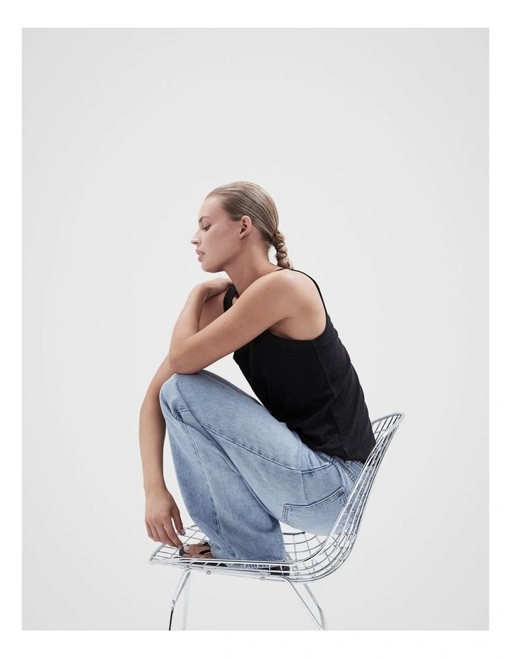 Linen Blend Scoop Neck Tank in Black image 3