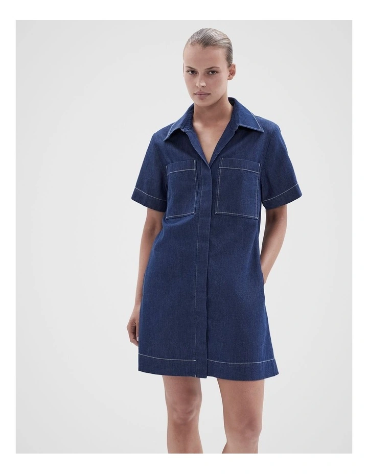 Collared Denim Utility Dress in Blue image 1