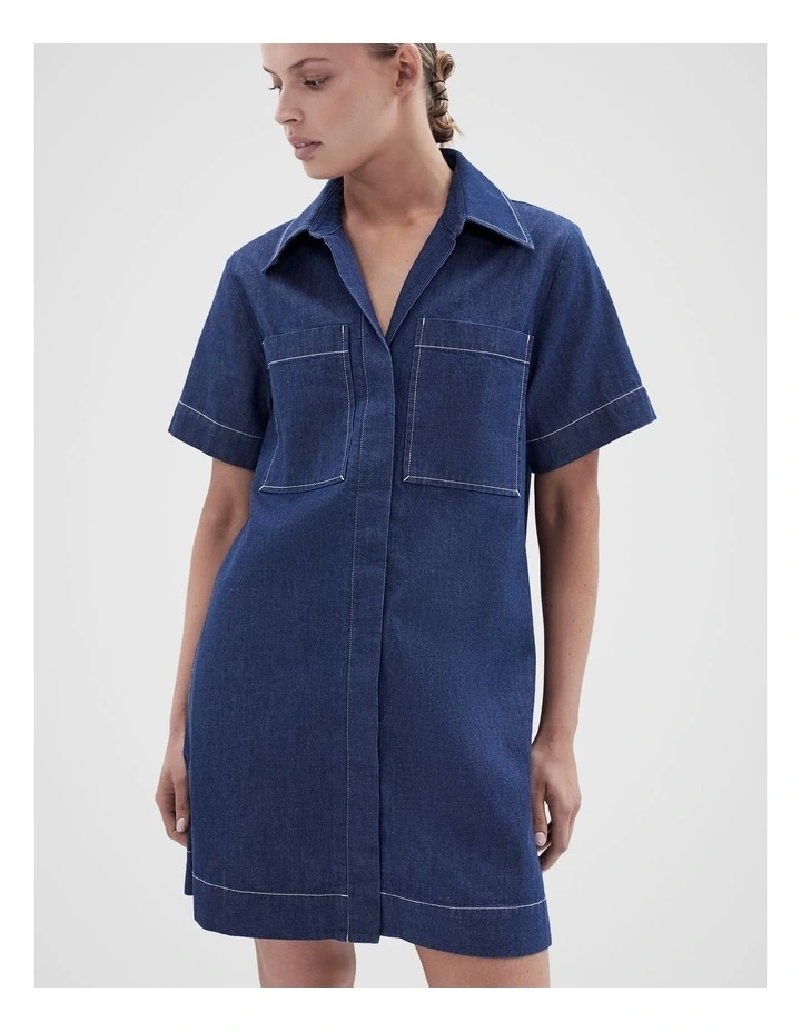 Collared Denim Utility Dress in Blue image 3