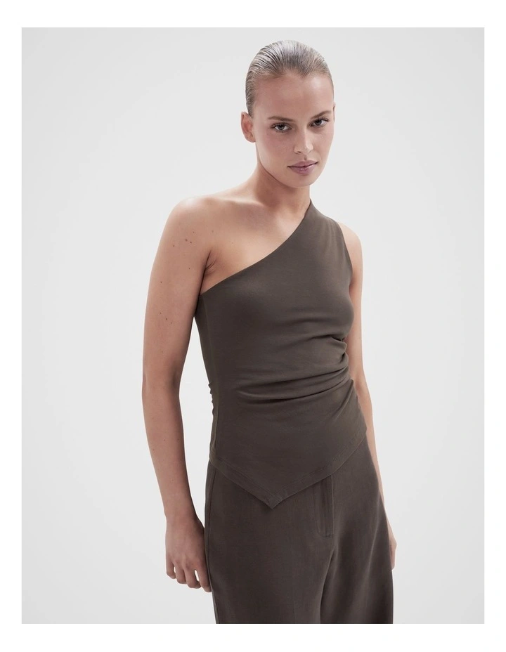 Aus Cotton One Shoulder Top in Brown image 1