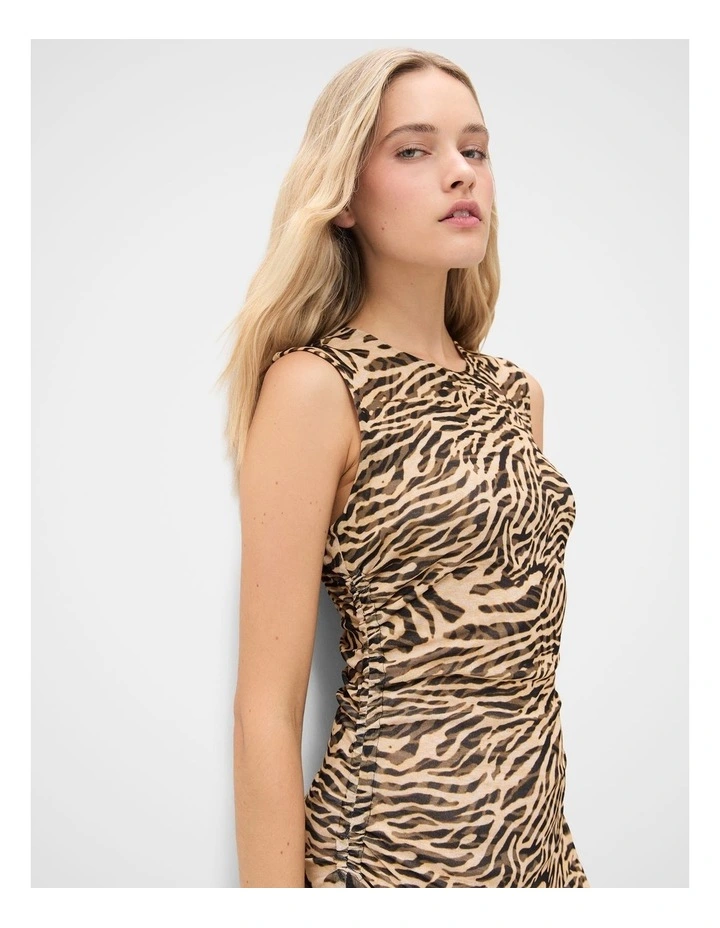 Ruched Mesh Maxi Dress in Brown image 3