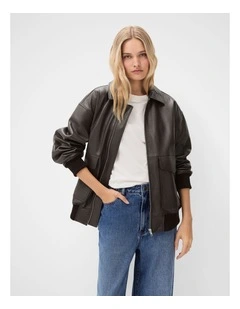Oversized Leather Bomber Jacket in Brown