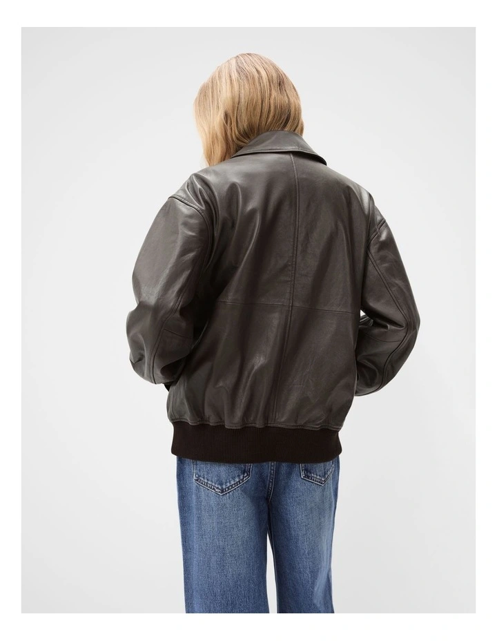 Oversized Leather Bomber Jacket in Brown image 2
