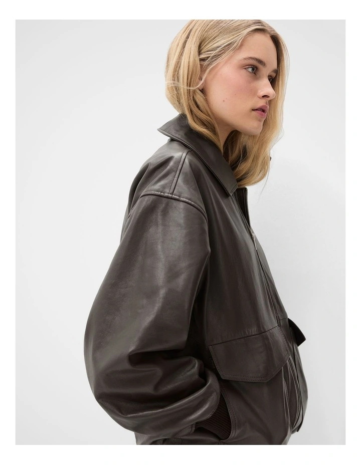 Oversized Leather Bomber Jacket in Brown image 3