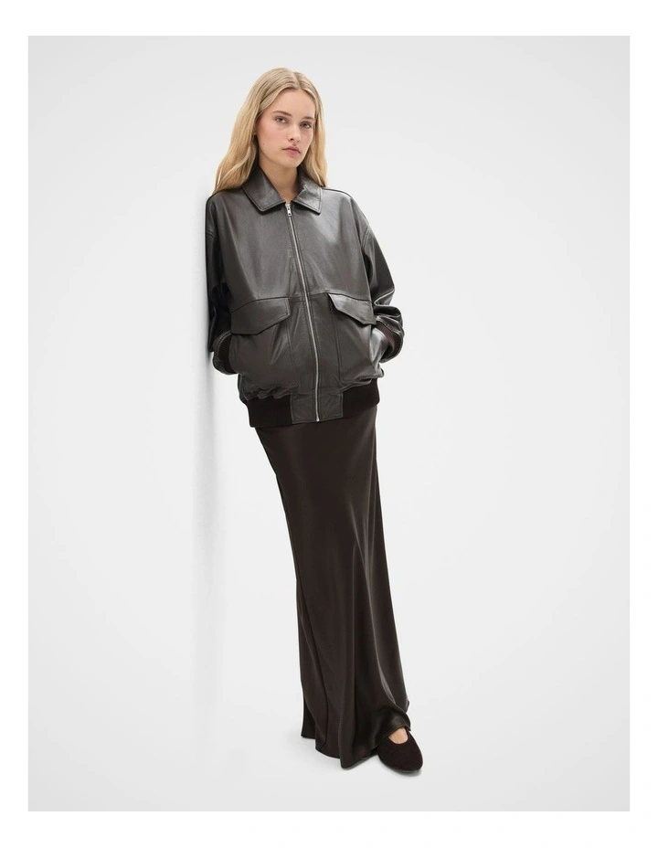 Oversized Leather Bomber Jacket in Brown image 4