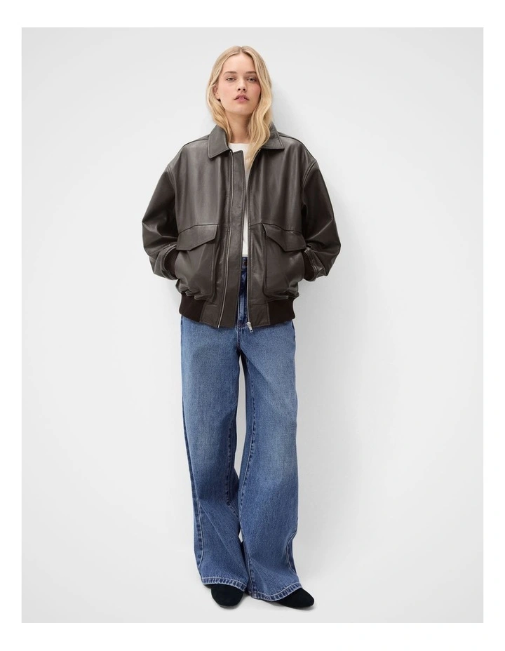 Oversized Leather Bomber Jacket in Brown image 5