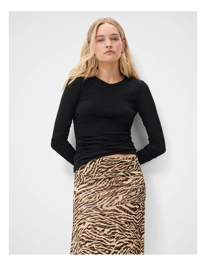 Long Sleeve Ruched Mesh Top in Black image 1