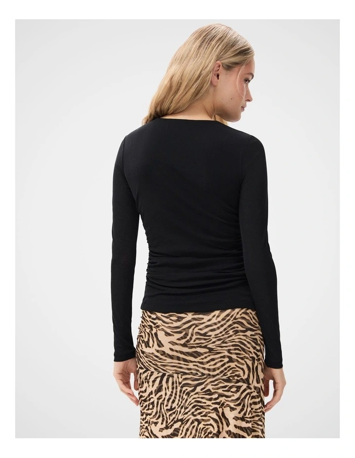 Long Sleeve Ruched Mesh Top in Black image 2