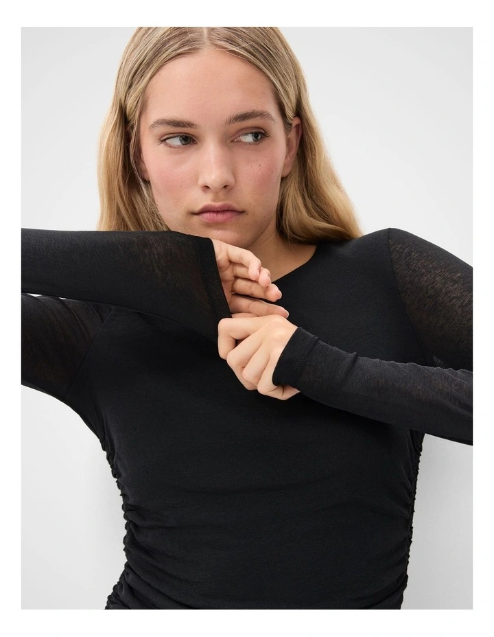 Long Sleeve Ruched Mesh Top in Black image 3