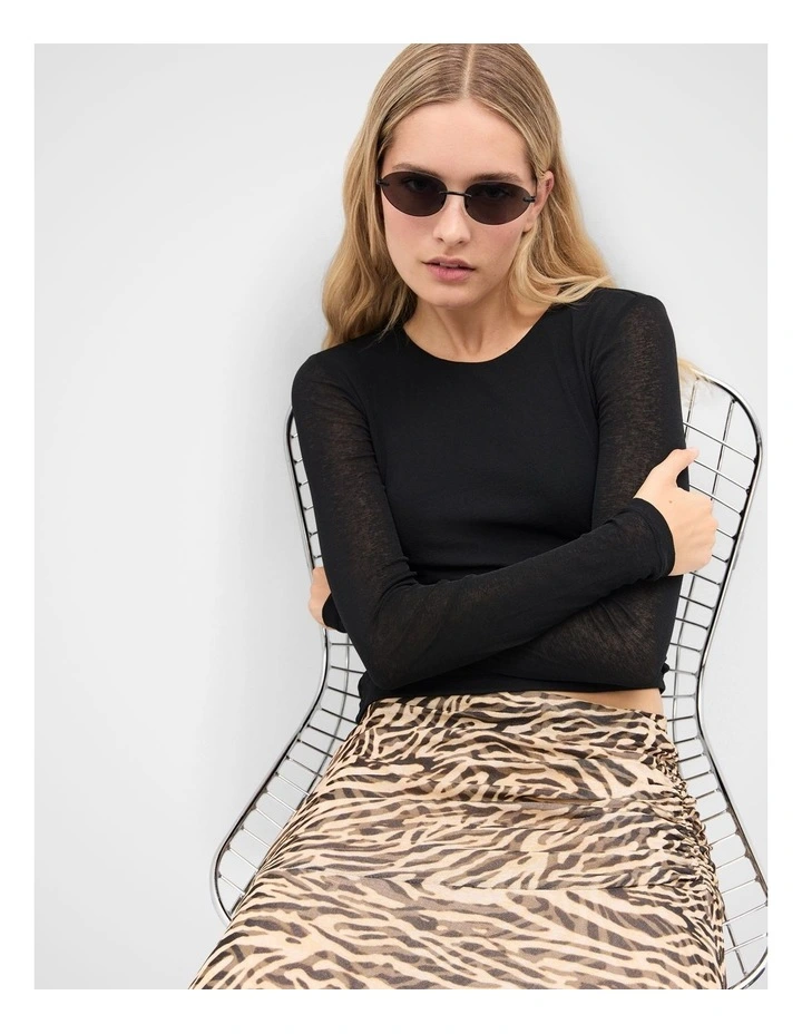 Long Sleeve Ruched Mesh Top in Black image 4