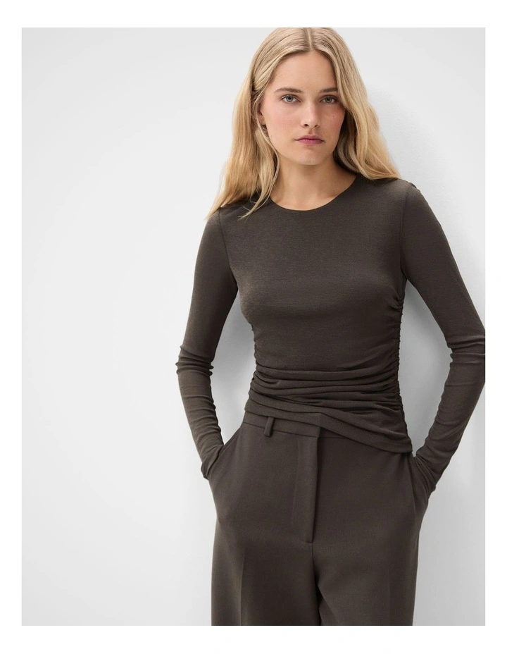 Long Sleeve Ruched Mesh Top in Brown image 1