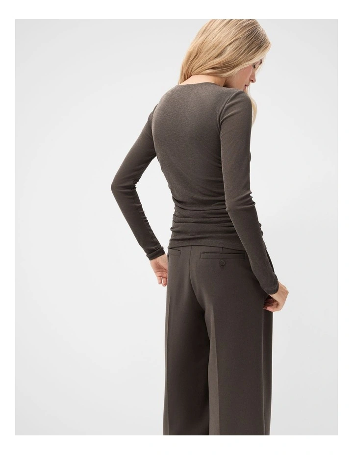 Long Sleeve Ruched Mesh Top in Brown image 2