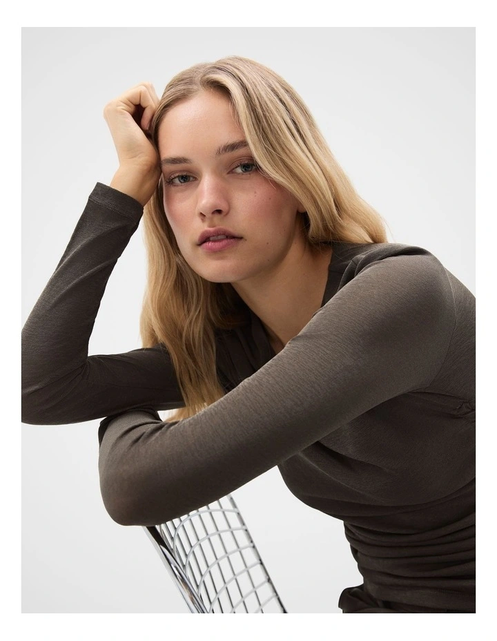 Long Sleeve Ruched Mesh Top in Brown image 3