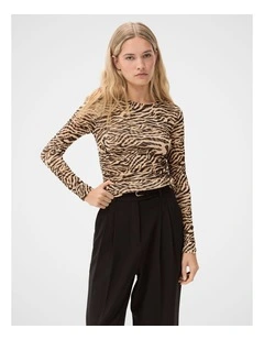 Long Sleeve Ruched Mesh Top in Brown