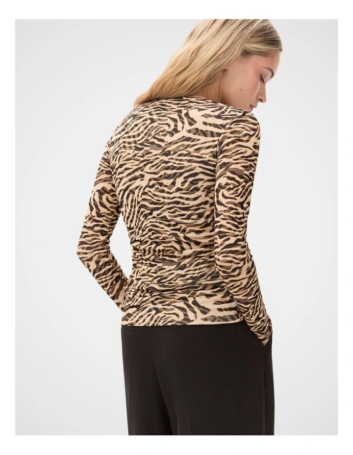 Long Sleeve Ruched Mesh Top in Brown image 2