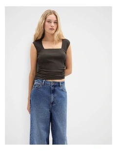 Sleeveless Ruched Mesh Top in Brown