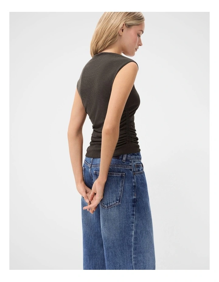 Sleeveless Ruched Mesh Top in Brown image 2