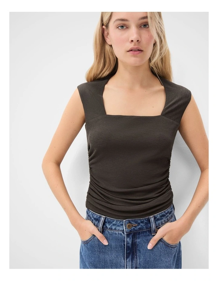Sleeveless Ruched Mesh Top in Brown image 3
