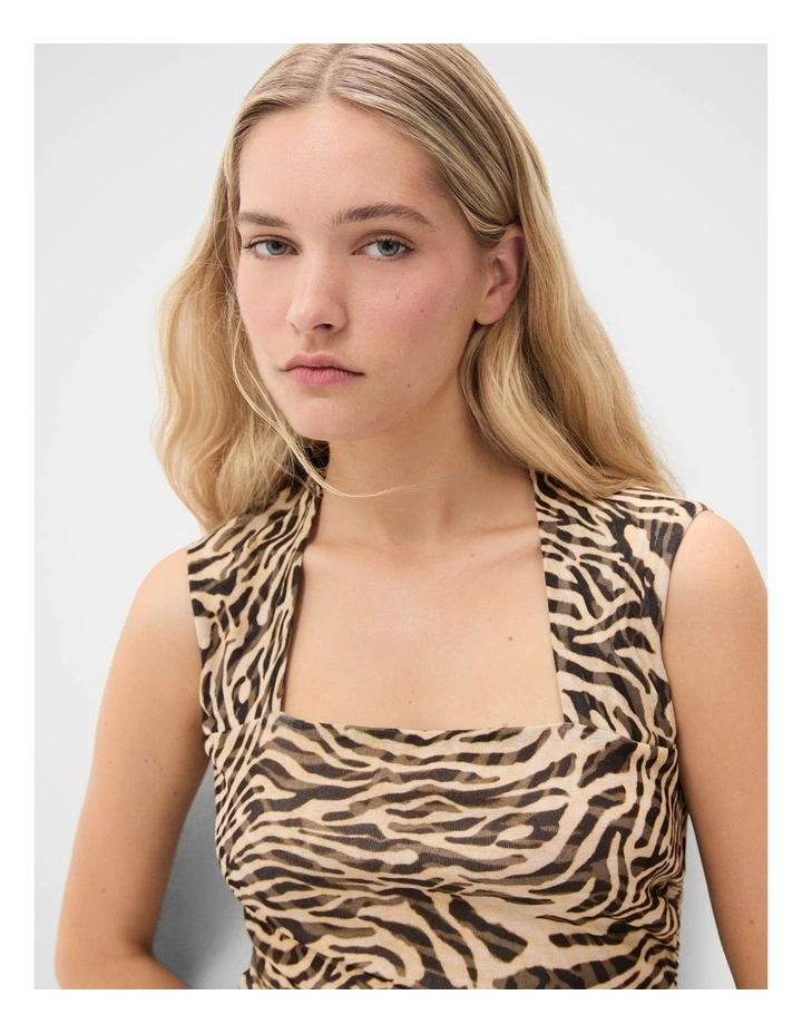 Sleeveless Ruched Mesh Top in Brown image 3