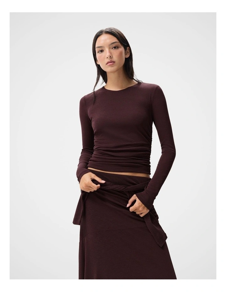 Long Sleeve Ruched Mesh Top in Red image 1