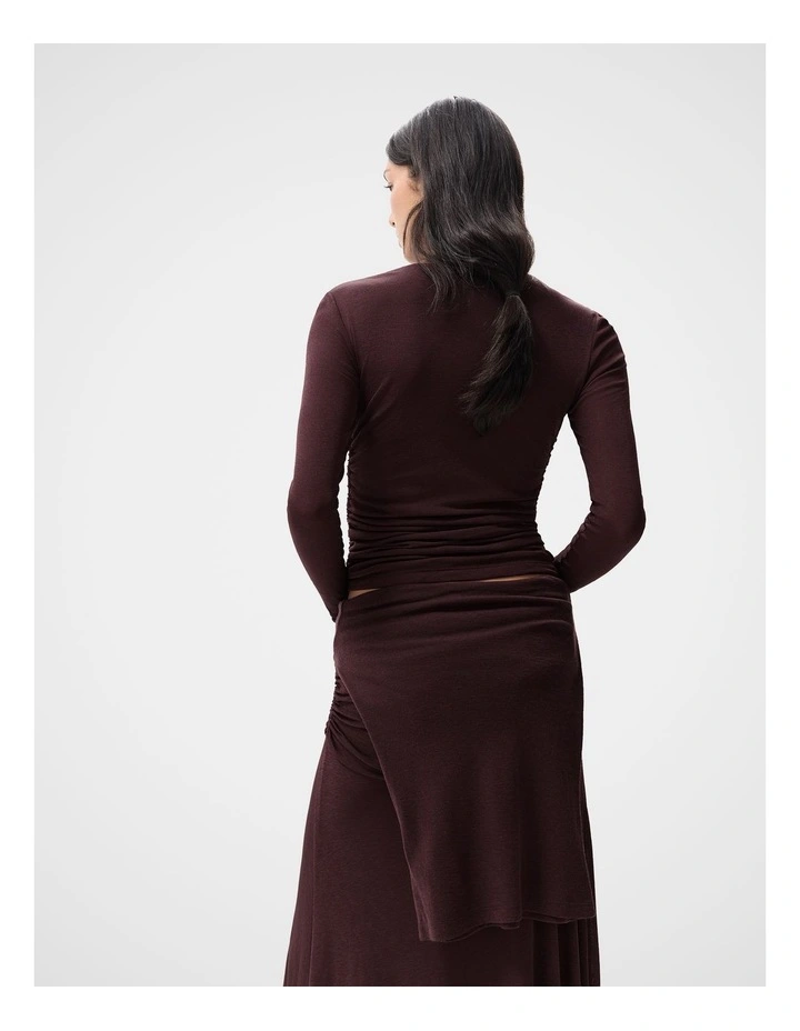 Long Sleeve Ruched Mesh Top in Red image 2