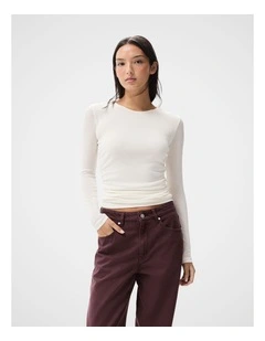 Long Sleeve Ruched Mesh Top in White