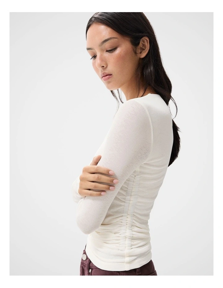 Long Sleeve Ruched Mesh Top in White image 3