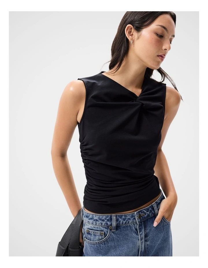 Knot Detail Sleeveless Tee in Black image 3