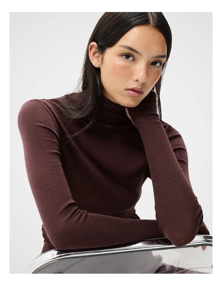 Merino High Neck Top in Brown image 3
