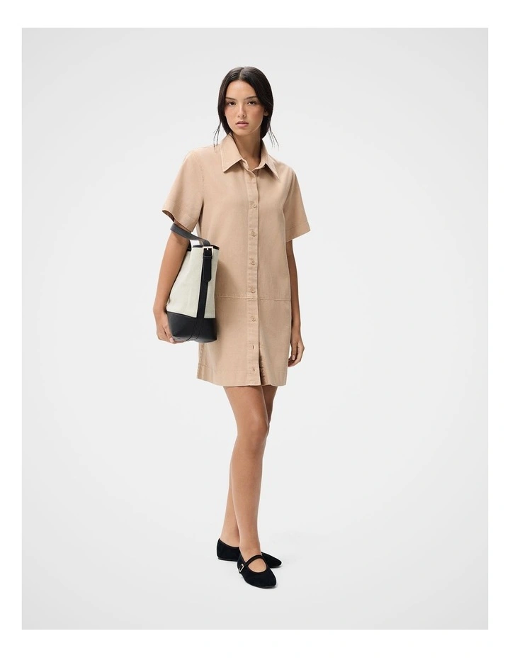 Denim Button Through Dress in Beige image 1