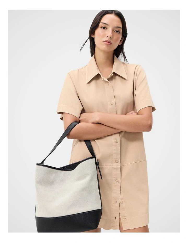 Denim Button Through Dress in Beige image 3