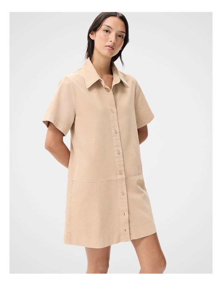 Denim Button Through Dress in Beige image 4