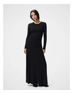 Ruched Mesh Long Sleeve Dress in Black