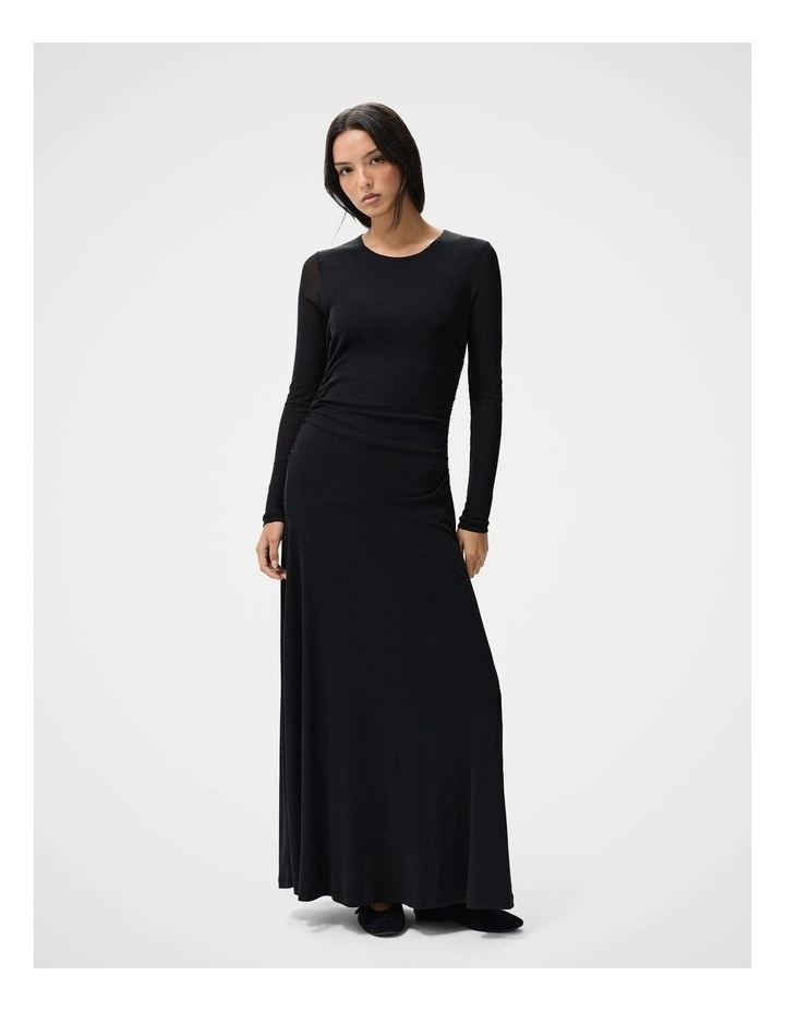 Ruched Mesh Long Sleeve Dress in Black image 1