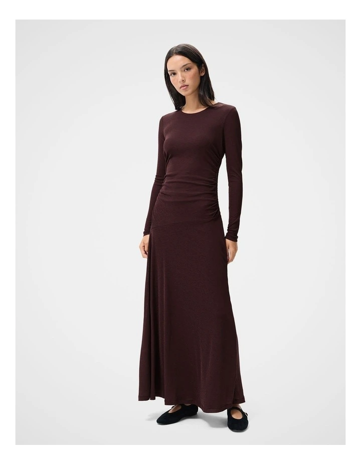 Ruched Mesh Long Sleeve Dress in Brown image 1