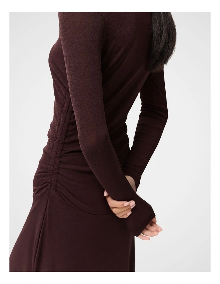 Ruched Mesh Long Sleeve Dress in Brown image 3