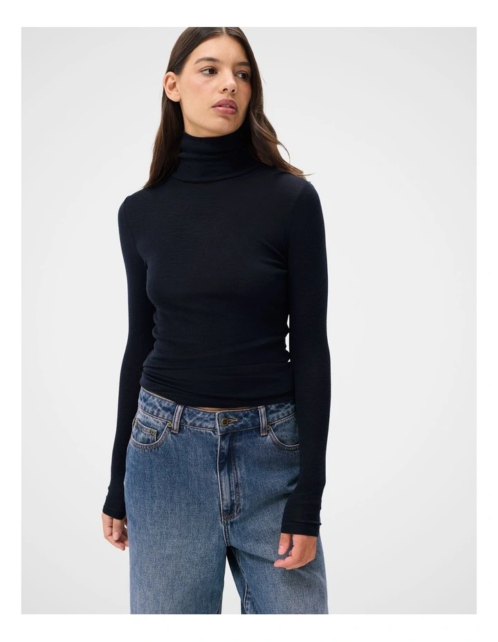Merino High Neck Top in  Navy image 1