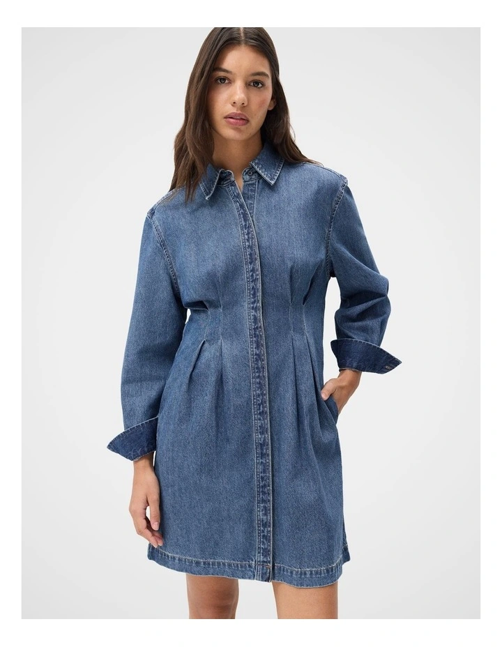 Denim Pintuck Dress in Navy image 1