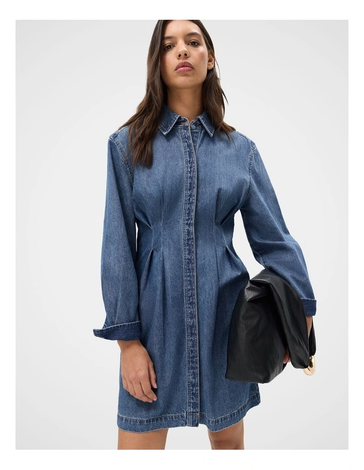 Denim Pintuck Dress in Navy image 3