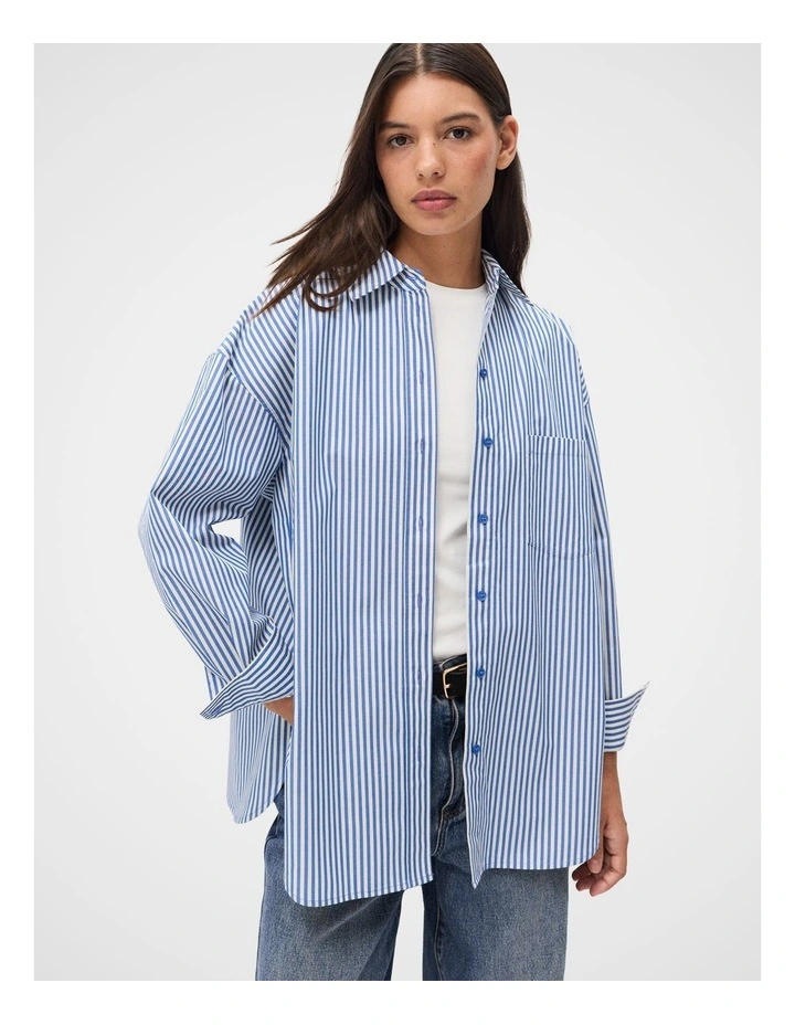 Oversized Cotton Stripe Shirt in Navy Multi image 1