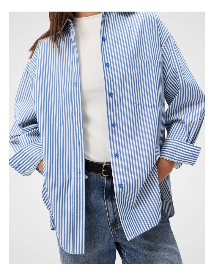 Oversized Cotton Stripe Shirt in Navy Multi image 3