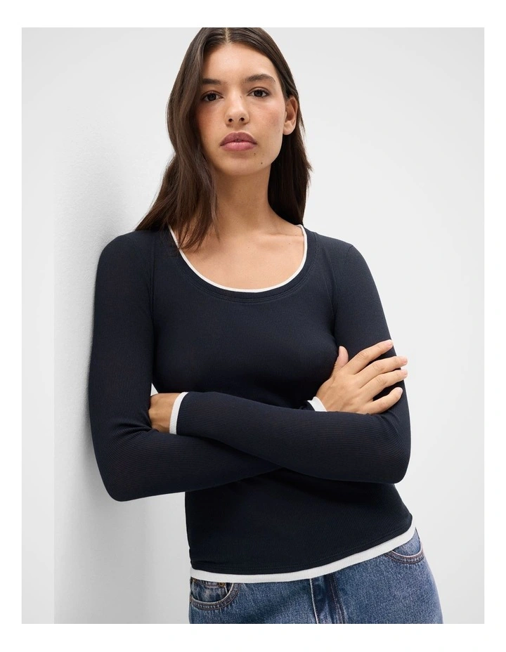 Double Layer Long Sleeve Top in Navy image 3