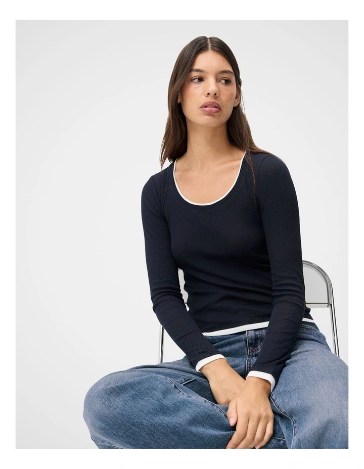 Double Layer Long Sleeve Top in Navy image 4