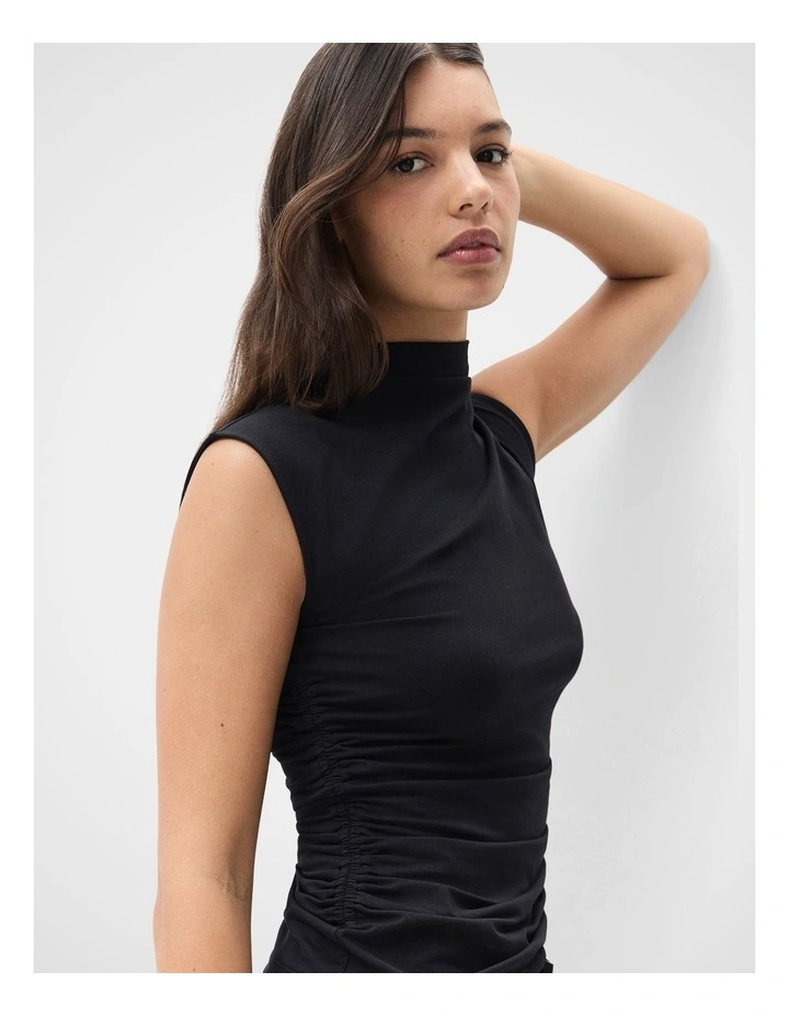 Mock Neck Sleeveless Tee in Black image 3