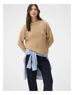 Merino Wool Crew Neck Knit Jumper in Beige