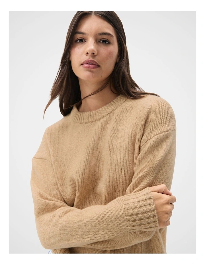 Merino Wool Crew Neck Knit Jumper in Beige image 3