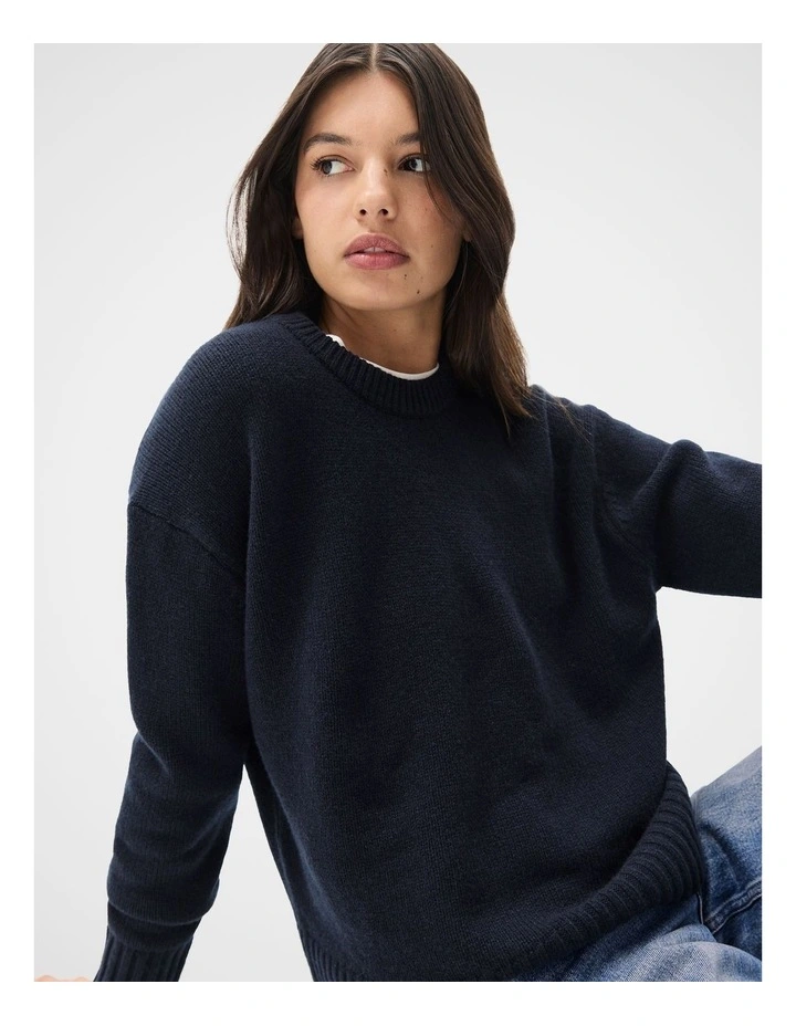 Merino Wool Crew Neck Knit Jumper in Blue image 3