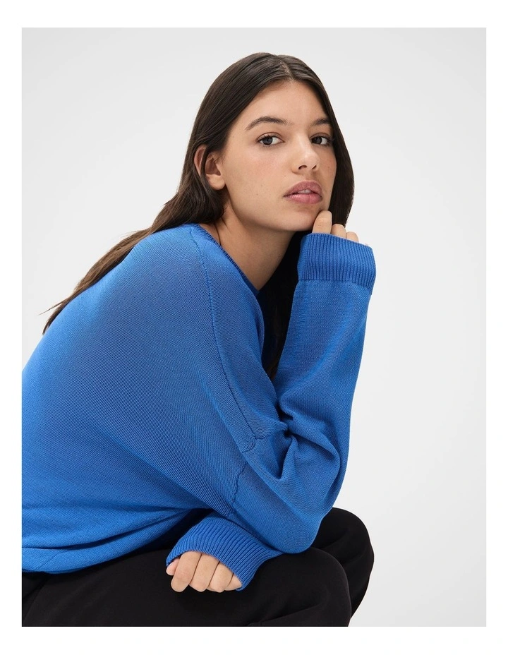 Oversized Cotton Blend Knit Jumper in Blue image 3